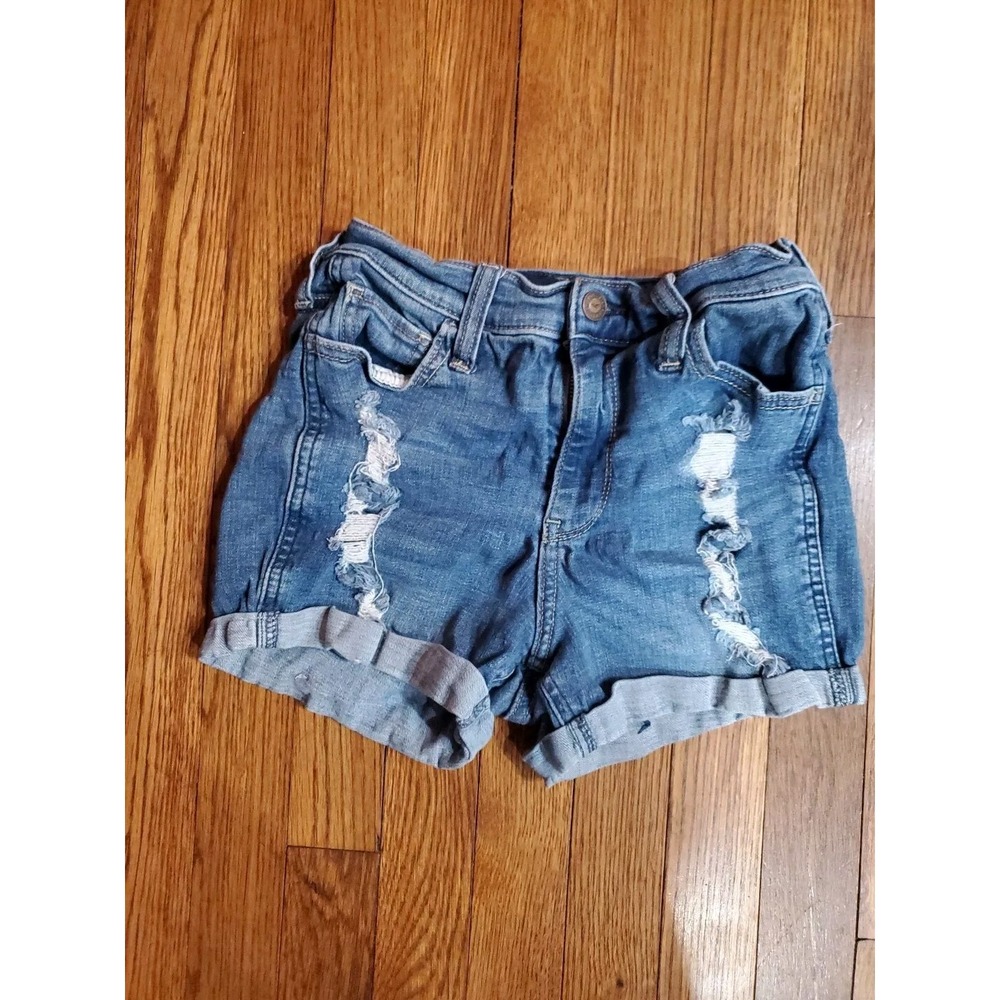 HOLLISTER Distressed High Rise 3" jean shorts sz 1 / 25 Advanced‎ Stretch Cuffed